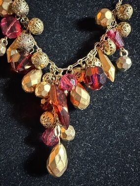 Vintage Gold and Pink Beaded Statement Necklace - Women Jewelry